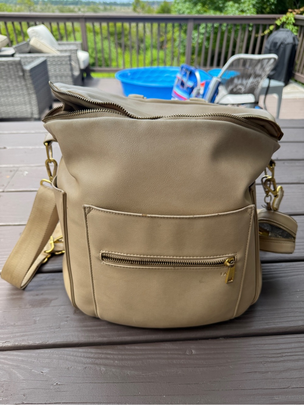 Fawn Design Beige Crossbody Bucket Bag with Gold Hardware